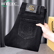 hteec香港潮牌男士商務(wù)高端牛仔褲新款秋冬彈力修身百搭時(shí)尚休閑長(cháng)褲 黑色 28
