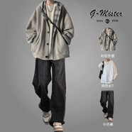 安初夏連帽夾克外套男士休閑套裝春秋季新款潮流學(xué)生衣服男裝一整套搭配 灰外套+長(cháng)袖+褶皺牛仔復古黑 XL