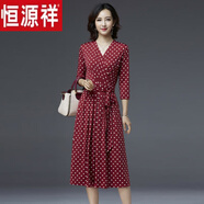 恒源祥2025春秋季新款長(zhǎng)袖連衣裙中年媽i媽裝修身顯瘦中長(zhǎng)款碎花大擺 七分袖酒紅色波點(diǎn)裙6701# 2XL 【建議120-130斤】
