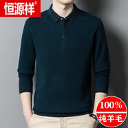恒源祥高檔冬季羊毛男士長(cháng)袖T恤中年100%純羊毛翻領(lǐng)男針織打底衫 綠色 175/XL