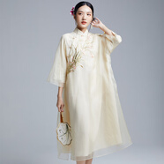 陌遇2025中式原創(chuàng  )氣質(zhì)繡花真絲歐根紗大碼旗袍茶藝連衣裙品牌女裝 米白 S