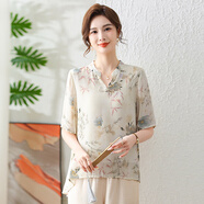 情羅蘭媽媽裝夏裝中老年女裝雪紡衫短袖上衣褲子套裝50歲中年人夏天衣服 灰黃【套裝】 3XL （建議115-130斤）