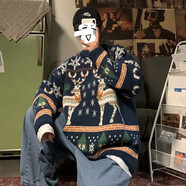 現貨  圣誕節毛衣 唐號  ins喜慶情侶裝毛衣秋冬韓版寬松休閑慵懶風(fēng)新年針織衫秋冬季男外套 A40 藍色 XL