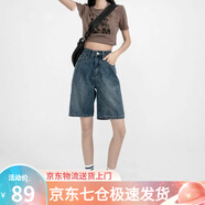 蘿美醬復(fù)古牛仔褲五分褲女短褲夏季2025新款高腰直筒顯瘦淺色闊腿褲中褲 復(fù)古藍牛仔五分褲 S