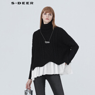 sdeer圣迪奧冬季保暖舒適女裝通勤加厚無(wú)扣個(gè)性高領(lǐng)落肩拼接毛衣S20483505 黑色/91 M 165