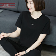 橫行道短袖t恤女裝2024夏季新款純色字母刺繡寬松體恤圓領(lǐng)上衣半袖 黑色 2XL