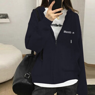 羅蒙2025年新款美式寬松韓版連帽女士開(kāi)衫拉鏈衛衣女春秋長(cháng)袖上衣外套 寶藍色薄款拉鏈連帽外套 白色印 L 115-125斤
