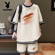 花花公子（PLAYBOY）短袖t恤男休閑套裝男夏季圓領(lǐng)短褲兩件套青少年1套帥氣搭配衣服 TZ2666杏色套裝 L 約110-125斤可穿