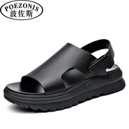 波佐斯（POEZONIS）涼鞋男ins潮夏季新款真皮休閑羅馬皮鞋男厚底增高防滑沙灘鞋 黑色 42