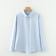 暖喬全棉白襯衫女長袖果糖色中厚文藝小清新工裝春秋寬松純棉襯衣 藍色 M（120-130斤）