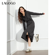 LAGOGO連帽深灰色收腰連衣裙女拉谷谷春秋新款簡(jiǎn)約休閑開(kāi)衩A字裙 深灰色(R0) XL