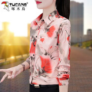 啄木鳥白色襯衫女上衣2025新款春秋雪紡花襯衣小個子時尚小衫 粉色 S 建議80-95斤