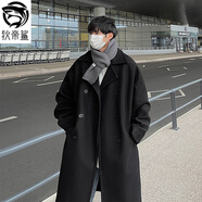 狄帝鯊（DIDISHA）毛呢大衣男春秋新款中長款過膝西裝領(lǐng)雙排扣呢子風(fēng)衣外套加厚潮流 二羅-2330【黑色】 XL