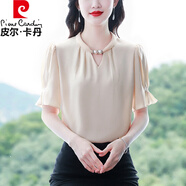 皮爾卡丹（pierre cardin）重磅真絲襯衫女裝短袖2025夏新品氣質(zhì)顯瘦純色桑蠶絲小衫母親上衣 杏色 2XL