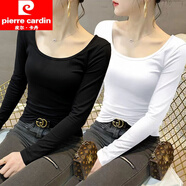 皮爾卡丹（pierre cardin）莫代爾打底衫女2024新款低領(lǐng)內(nèi)搭U領(lǐng)長袖t恤春秋韓版修身顯瘦上衣 黑色+白色【兩件裝】 M 【95-110斤】