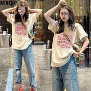 MXQP純棉短袖t恤女2025夏季新寬松顯瘦美式復(fù)古設(shè)計(jì)感小眾中長(zhǎng)款上衣 杏色 XL 【130-150斤】