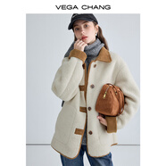 VEGA CHANG仿羊羔毛大衣女2025秋冬新款韓版寬松拼接皮草短外套 絨絨白 M
