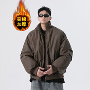 OEMG  美式咖色夾棉加厚皮衣外套男士秋冬季飛行夾克潮牌寬松棒球服 M2501咖色 【棉服款】 XL [建議110-130斤]