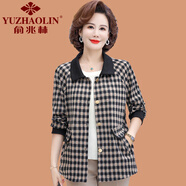 俞兆林（YUZHAOLIN）小香風(fēng)格子短外套女2025春秋新款韓版中年媽媽裝大碼寬松休閑夾克 黑色方格 XL (參考90-105斤)