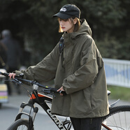 QGF美式外套女春秋季新款戶(hù)外運動(dòng)沖鋒上衣開(kāi)衫連帽寬松百搭休閑夾克 軍綠色 M