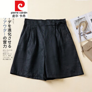 皮爾卡丹（pierre cardin）純色亞麻闊腿短褲女夏季薄款垂感系帶顯瘦休閑褲百搭棉麻字熱褲針 黑色 M 【90-105斤】