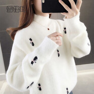 雪格瑪仿水貂絨毛衣女秋冬新款寬松內搭慵懶風半高領加絨加厚針織打底衫 白色_不加絨 M_建議95-110斤