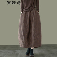 安婭詩(shī)碎花半身裙女冬季復古民族風(fēng)夾棉加厚棉麻半身裙女保暖松緊腰花苞棉裙 咖啡色 均碼