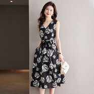 LISL AVE A碎花吊帶裙內搭雪紡背心連衣裙女春夏季新款氣質(zhì)顯瘦中長(cháng)裙子 黑色（3389） 2XL