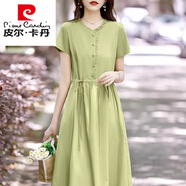 皮爾卡丹高等純棉連衣裙中年女裝2024夏季新款今年流行的漂亮氣質(zhì)全棉裙子 綠色 XL 【建議115-125斤】