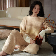 莎倩情侶睡衣秋冬季半邊絨加厚女款珊瑚絨軟綿綿男士可外穿家居服套裝 L847001-黃色 XL 女(身高171-175，體重120-160)
