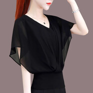 燕潯V領(lǐng)雪紡襯衫女短袖2025年新款夏季蝙蝠氣質(zhì)小衫收腰薄款短款上衣 黑色 M 建議100-110斤