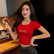 GOLDJEANNIE黑色短袖t恤女短款露臍2024夏季新款韓版純棉修身高腰漏肚臍上衣 紅色 XL 114-125斤