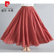 皮爾卡丹（pierre cardin）夏季文藝復古寬松純色大擺長(cháng)裙高腰薄款飄逸雙層紗裙棉麻半身裙女 鐵銹紅 M 85C90-125斤