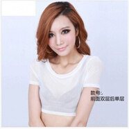 朵胤女裝透明網(wǎng)紗打底衫蕾絲短袖黑色薄紗衣短款半截緊身內搭上衣 白色(前面雙層后面單層) L