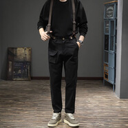 潮天士秋季潮牌復古英倫風(fēng)男士背帶褲阿美咔嘰直筒巴黎扣吊帶工裝休閑褲 黑色 30【115-130斤】