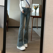 自由探戈2025秋季新款微喇高腰牛仔褲女彈力修身顯瘦辣妹直筒毛邊喇叭褲 復古藍長(cháng)褲加絨 L