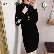 拉夏貝爾（La Chapelle）加絨加厚秋冬裝中長(cháng)款繡花寬松長(cháng)袖針織打底衫大碼毛衣女裙 純100自動(dòng)發(fā)熱41黑色 純100自動(dòng)發(fā)熱XL建議115-125斤