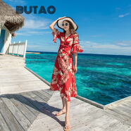 BUTAO時(shí)尚沙灘裙女新款連衣裙海南三亞海邊性感度假裙氣質(zhì)碎花長裙顯瘦 大樹葉紅色 XL
