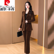 皮爾卡丹（pierre cardin）燈芯絨西裝套裝女春季2025新款休閑時(shí)尚感高端職業(yè)西服兩件套 咖啡色 XL