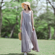 亂在江南出游度假休閑棉質(zhì)吊帶裙女夏季新款海報(bào)連衣裙寬松氣質(zhì)大擺長(zhǎng)裙 灰黑 均碼