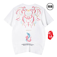 天龍致尊（Denon supreme）短袖t恤男女潮牌夏季國潮中華龍刺繡體恤純棉寬松中國風(fēng)情侶T恤衫 681錦鯉白色 5XL(建議210-240斤)