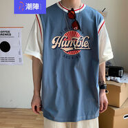潮陣 假兩件短袖T恤男潮牌潮流學生籃球服ins韓版寬松港風情侶半袖t恤 藍色 L