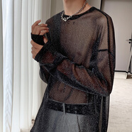 奢依君（SHEYIJUN）鏤空上衣男 珠光長(cháng)袖t恤男女透視網(wǎng)紗冰絲針織王嘉爾同款 黑色 XL