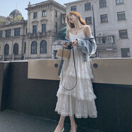 SELILECO大碼女裝夏季胖mm新款裙子韓版法式超仙V領(lǐng)中長(cháng)款吊帶蛋糕連衣裙 白色 L 115-130斤左右