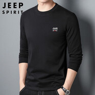 JEEP SPIRIT吉普長袖T恤男春秋季圓領刺繡純棉體恤打底衫男裝 黑色 XL 
