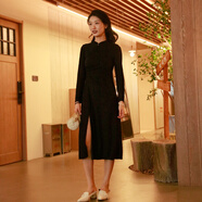 西町村屋（SETIROM）連衣裙女2023冬褶皺收腰立領(lǐng)中式梅花盤(pán)扣長(cháng)裙AD8502224 黑色 均碼
