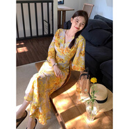Lcxmnd卜斯斯同款金黃色花卉法式風(fēng)情印花裹身度假長裙沙灘裙系帶性感裙 連衣裙 S
