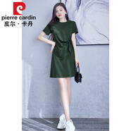 皮爾卡丹（pierre cardin）2025年夏季新款連衣裙女收腰顯瘦修身氣質(zhì)小眾設計時(shí)尚休閑t恤裙 墨綠色 短 M110 100到110斤左右