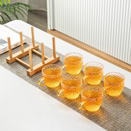 瓷牌茗茶具 玻璃茶杯大號(hào)透明玻璃品茗杯耐熱小茶杯帶把水杯功夫茶具主人杯 金色（龍鱗）6個(gè)把杯+杯架 105ml