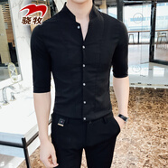 驍牧立領(lǐng)襯衫男士春夏季新款四面彈商務(wù)休閑修身七分袖襯衣大碼男裝 黑色 M